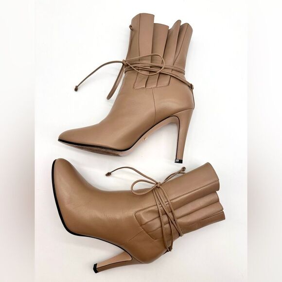 Gucci Indya Tie Ankle Boots Leather High Heel Pleated Bootie in Mud EU 37 US 7 - Picture 2 of 10